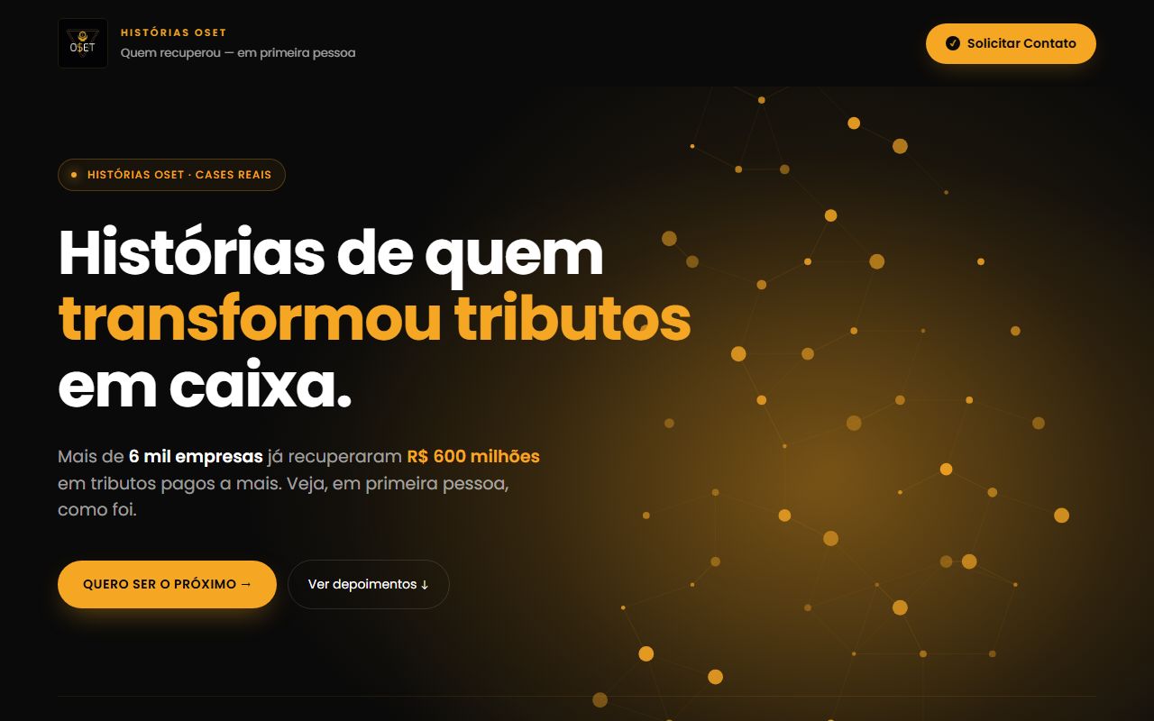 Landing page Histórias OSET: depoimentos de quem recuperou créditos tributários