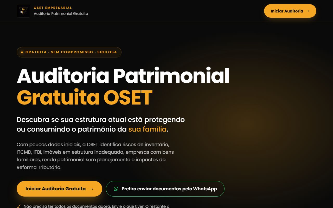 Landing page OSET Empresarial: auditoria patrimonial gratuita para holding familiar