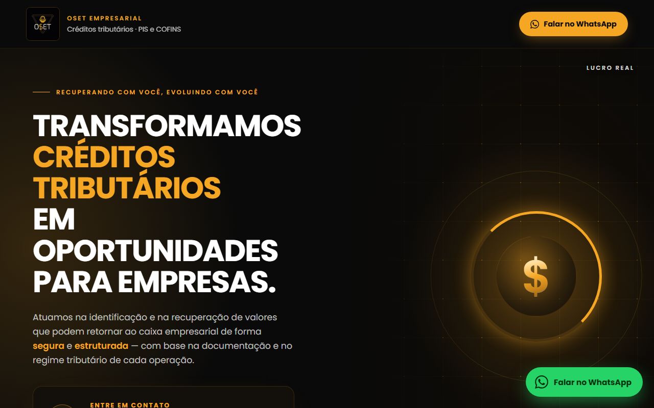 Landing page OSET Empresarial: recuperação de créditos tributários PIS e COFINS